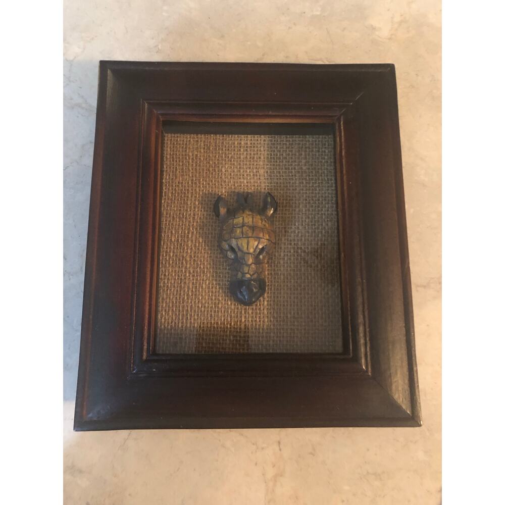 Vintage African Wood Carved Giraffe Head Brown shadowbox frame Tribal Art